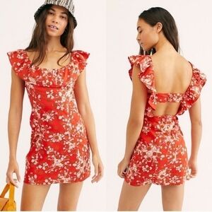 Free People Red Floral Ruffle Mini Dress
